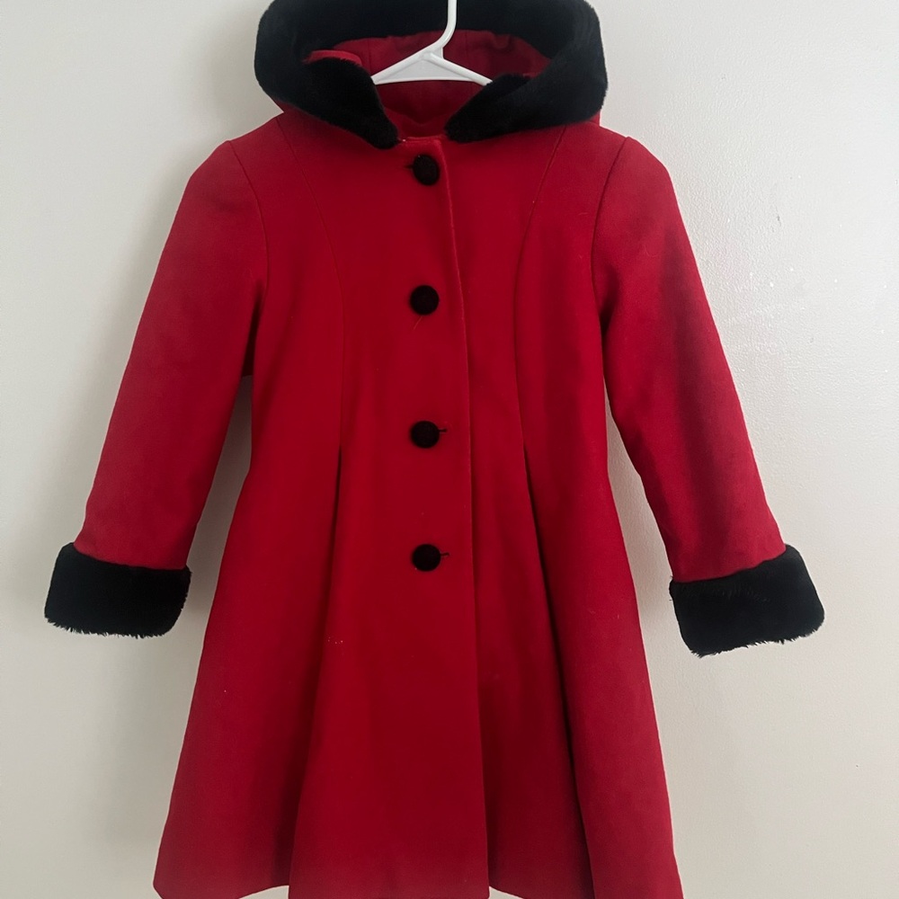 Bright Red Girls Winter Coat with faux black fur